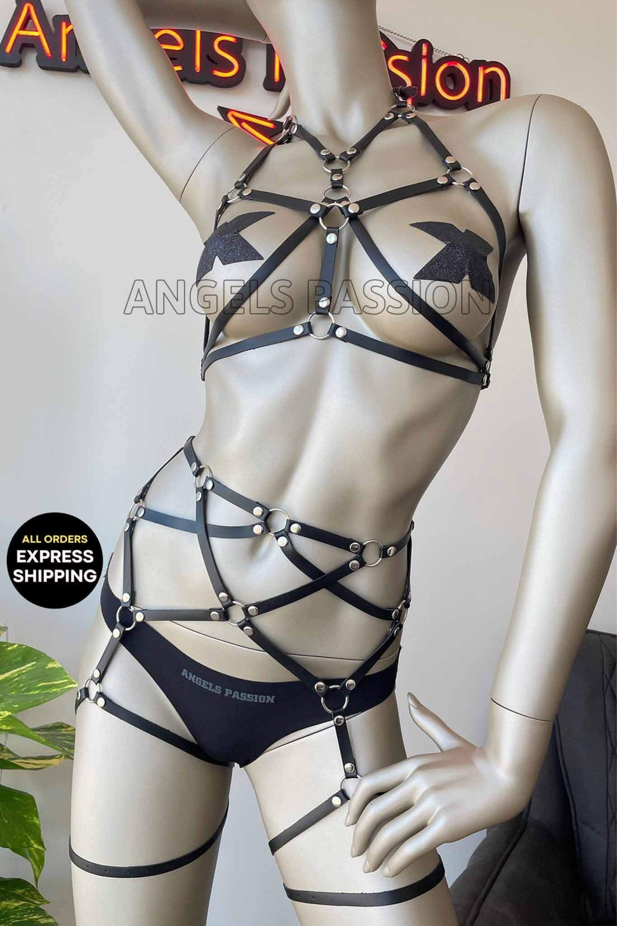 2 Piece Leather Strap Lingerie