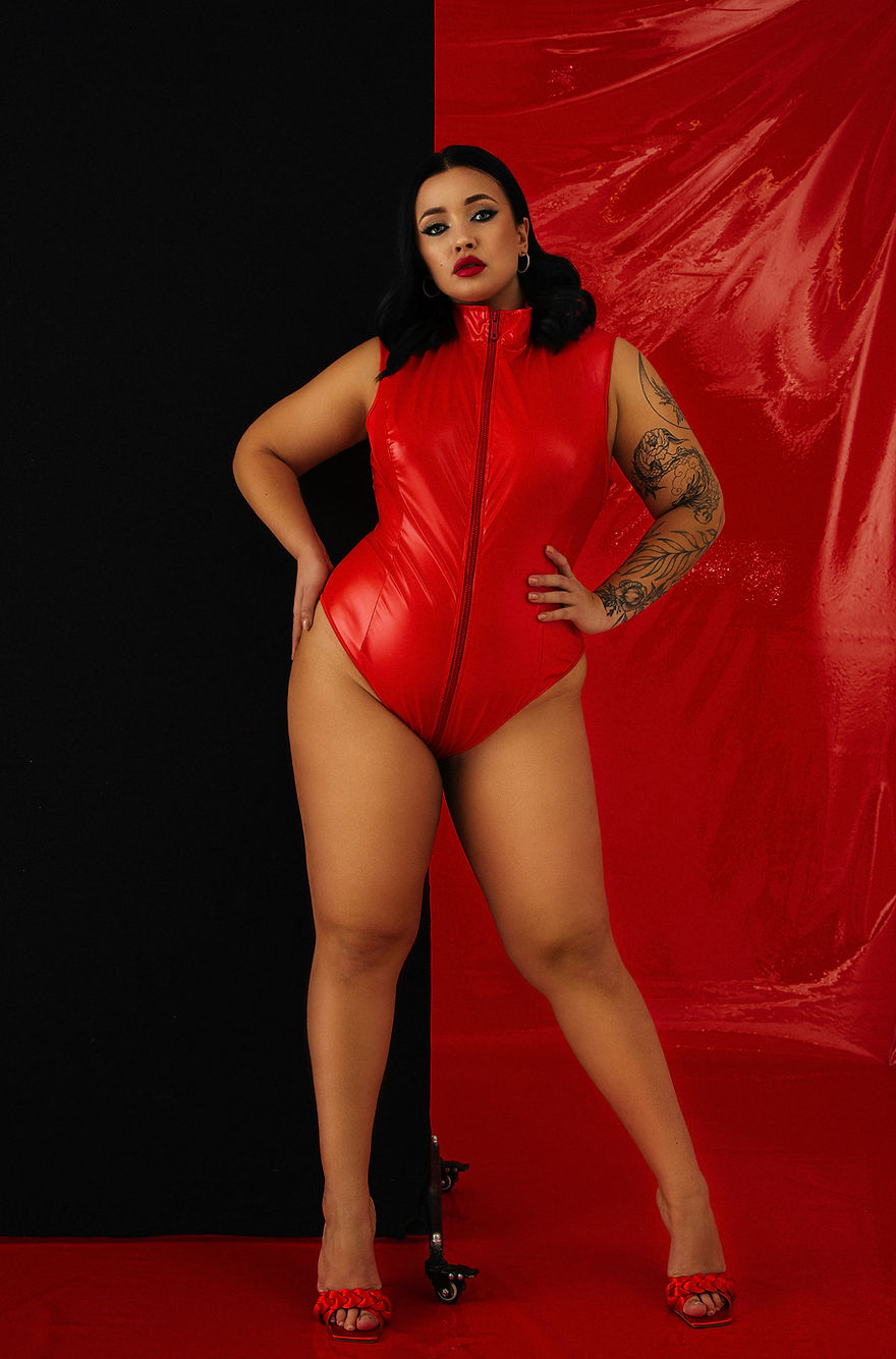 Handmade Womans Red Latex Bodysuit with Two Zips Plus Size Hot Red