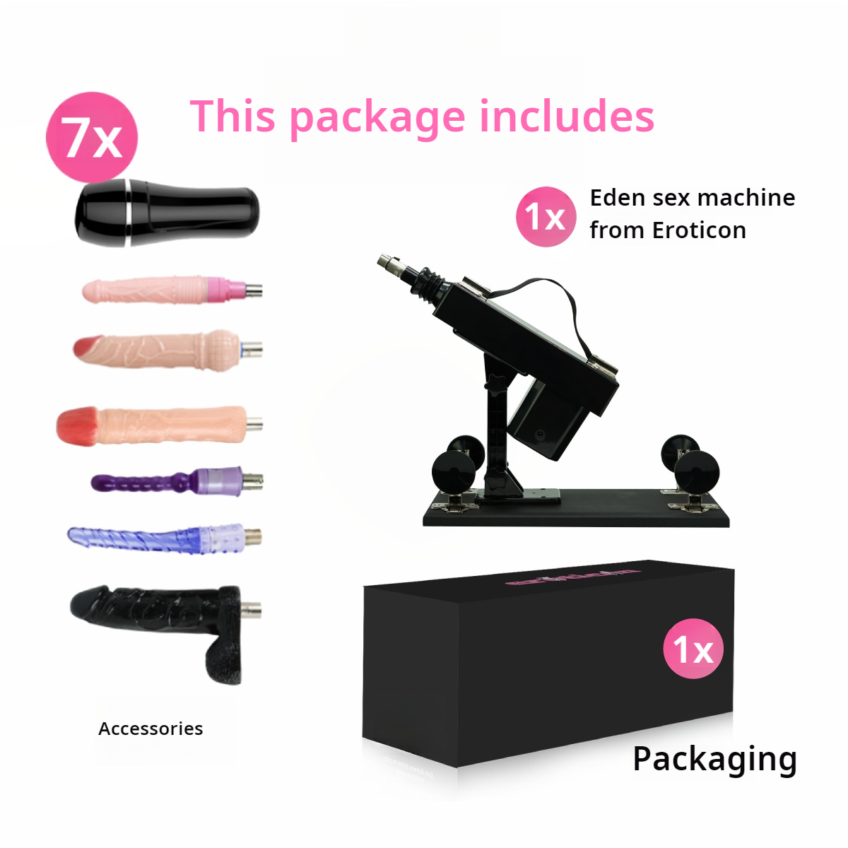 Eden Sex Machine Fuck Machine package with 7 attachments