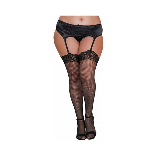 Dreamgirl Plus-Size Fishnet Thigh-High Stockings With Lace Top Black
