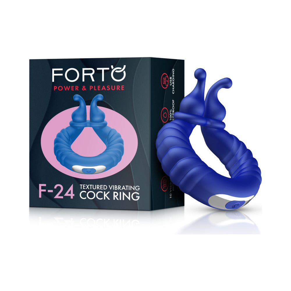 Forto F-24 Rechargeable Silicone Textured Vibrating Cockring Blue