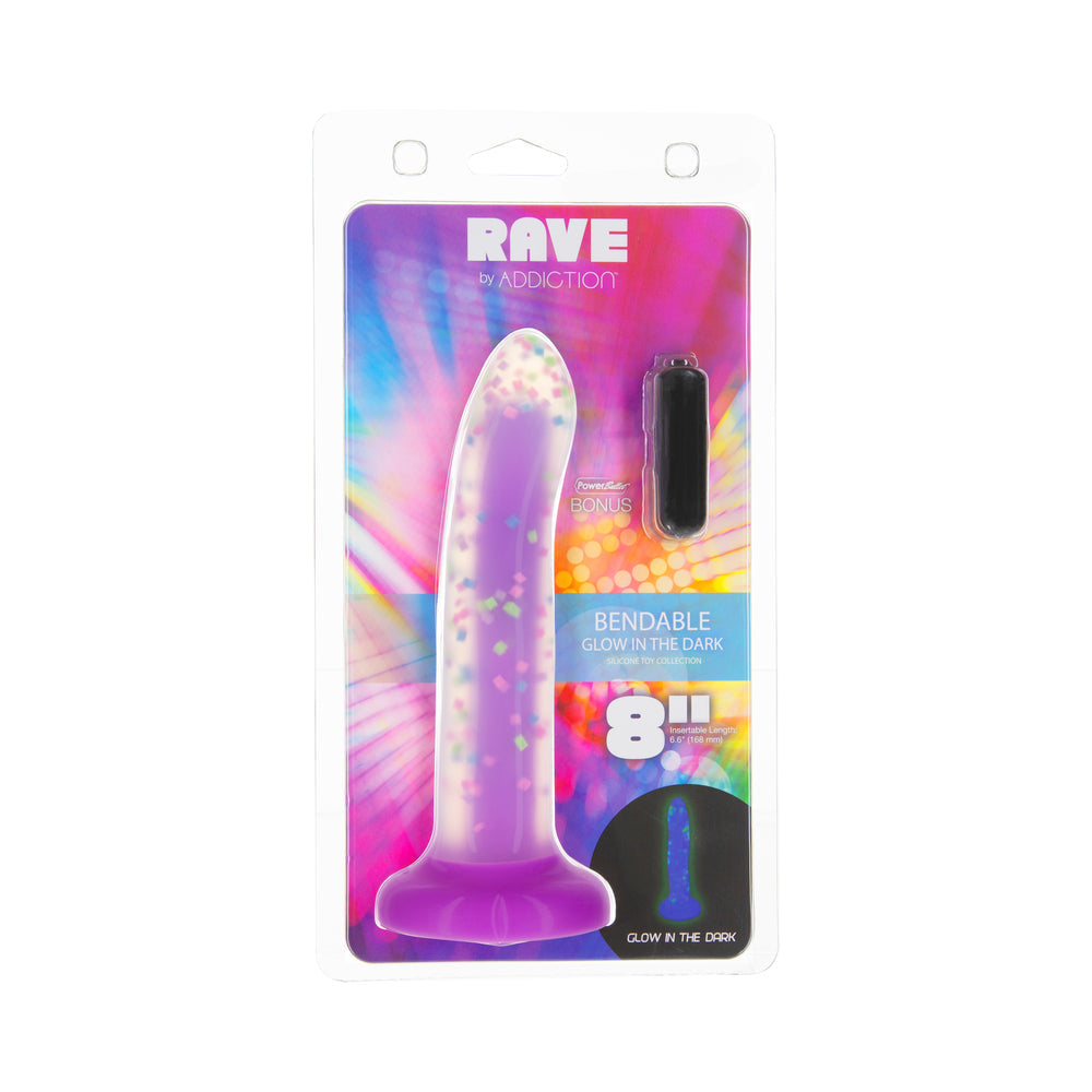 Addiction Rave 8 in. Bendable Glow-in-the-Dark Silicone Dildo Purple