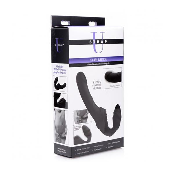 Slim Rider Ribbed Vibrating Silicone Strapless Strap On